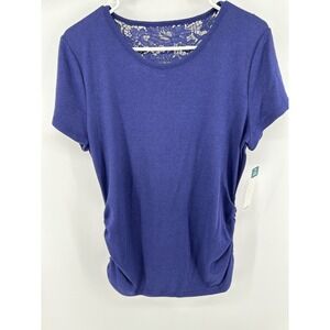 Massini Essentials Womens Blue Short Sleeve Lace Back Ruched Side Top Size L